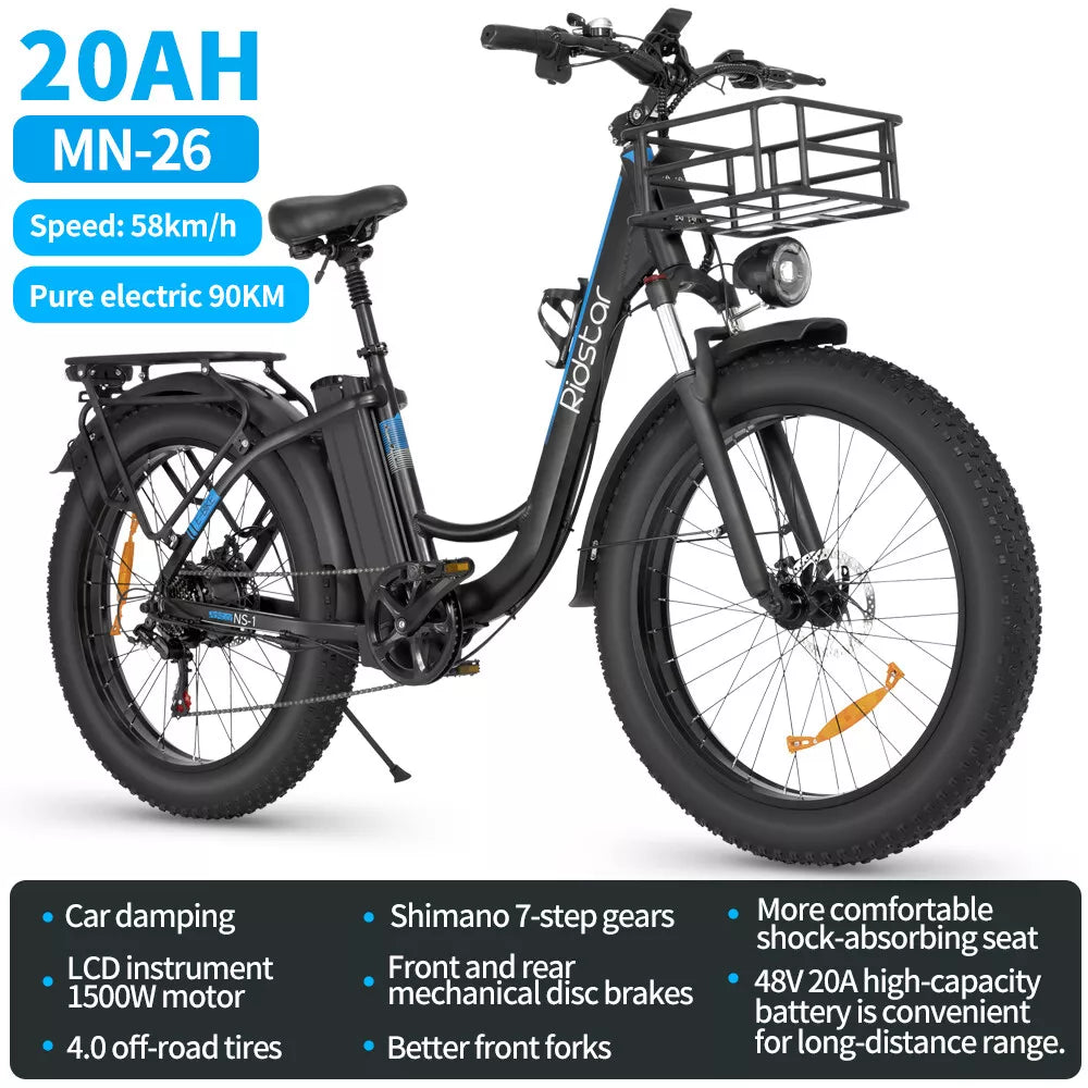 Ridstar MN26 1500W Wide Tire E-Bike 48V 20AH Li-Ion Battery