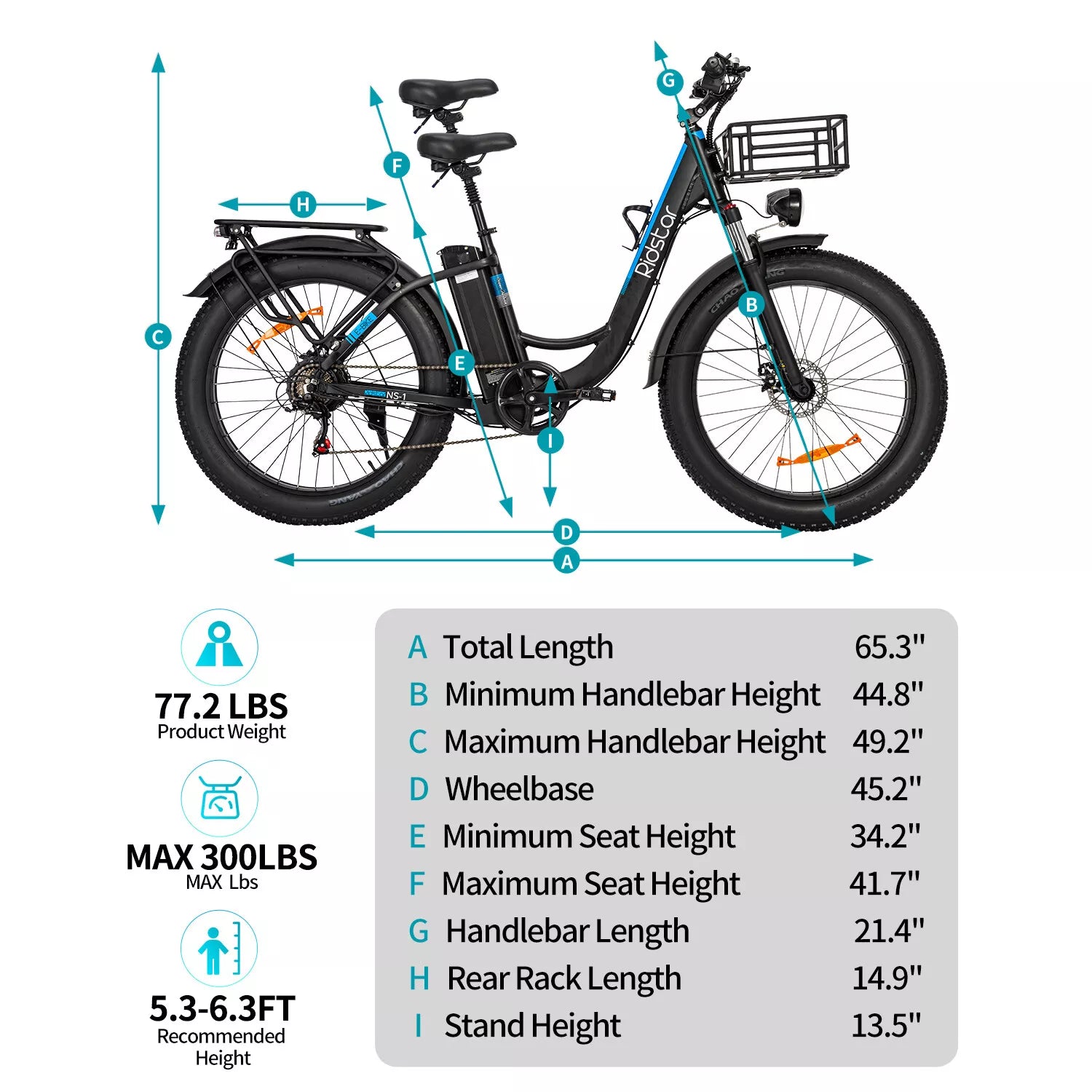 Ridstar MN26 1500W Wide Tire E-Bike 48V 20AH Li-Ion Battery