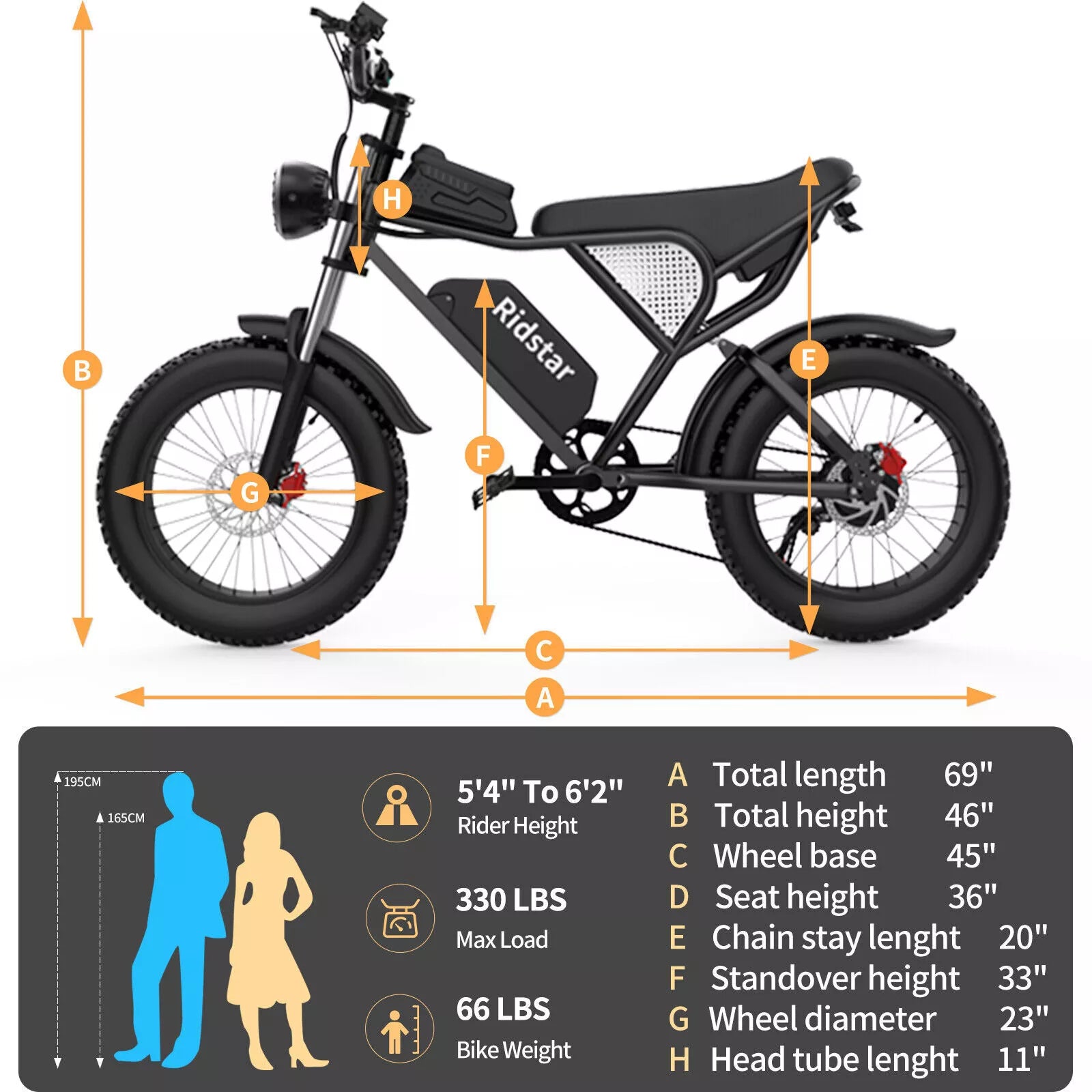 Ridstar Q20 Electric Wide Tire Bike 1500W 48V 20AH Battery