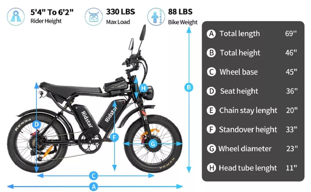 Ridstar Q20 lite 1000W electric fat tire bike battery 48V 15AH