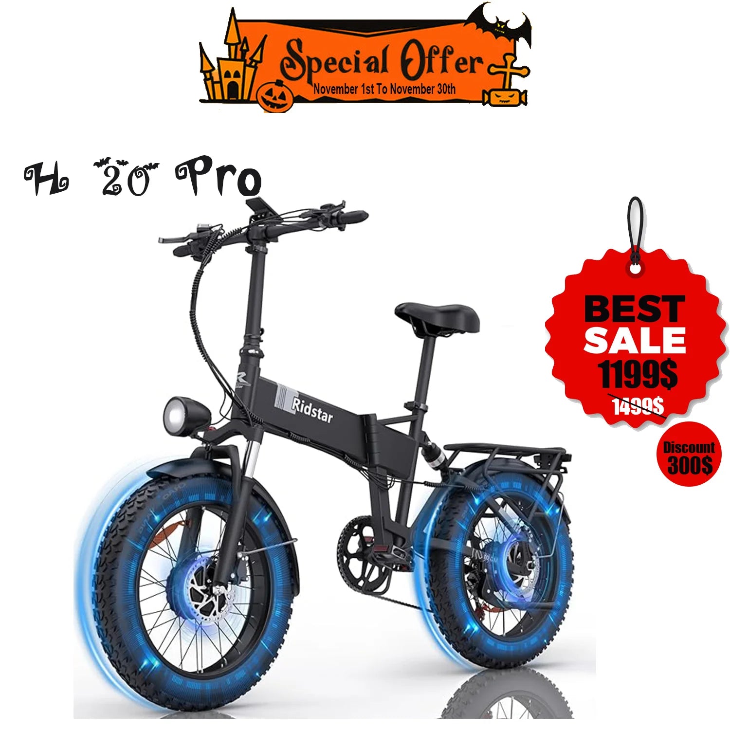 Ridstar H20 Pro 2000W Folding Electric Bike 48V 23AH Battery