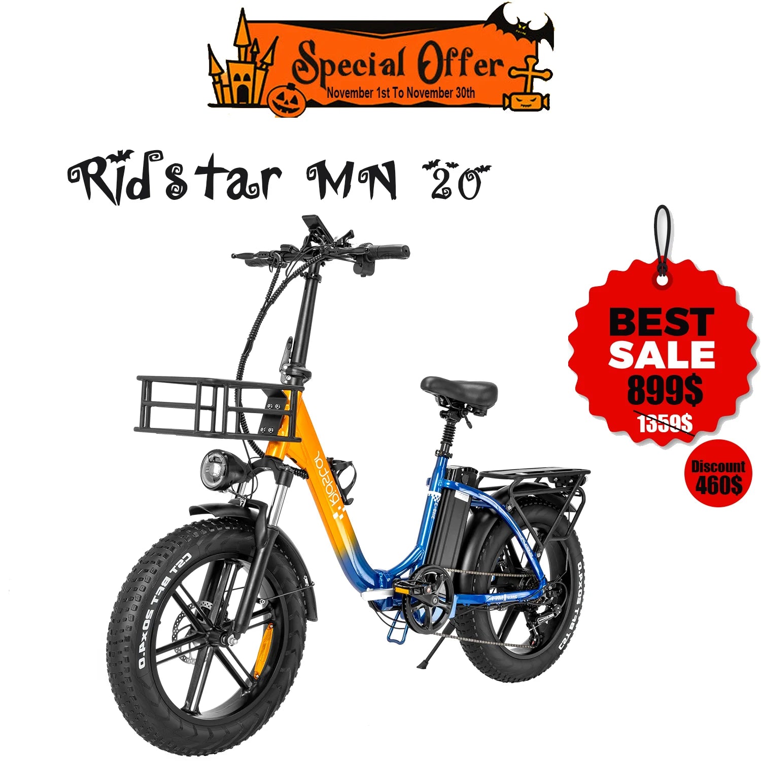 Ridstar MN-20 Folding Electric Bike with Wide Tires