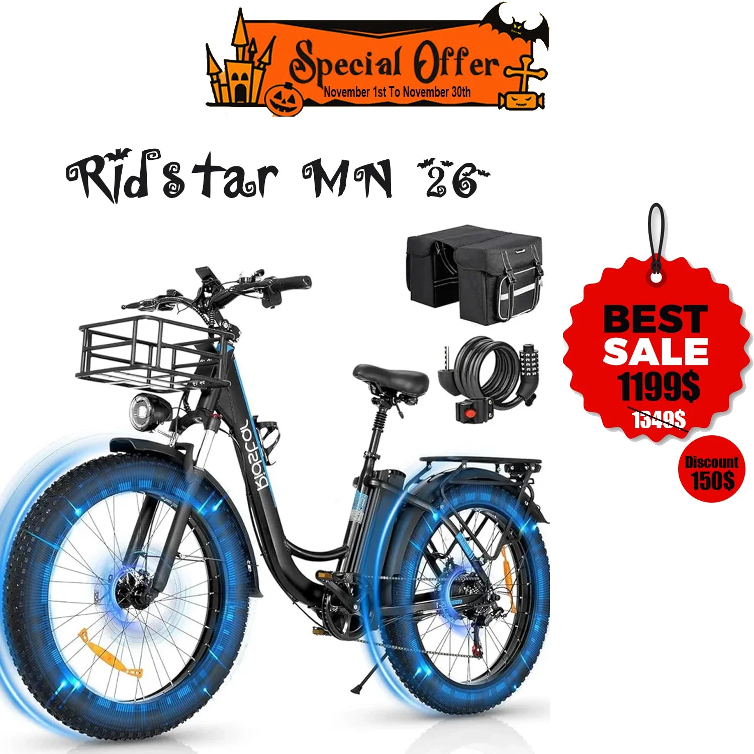 Ridstar MN26 1500W Wide Tire E-Bike 48V 20AH Li-Ion Battery