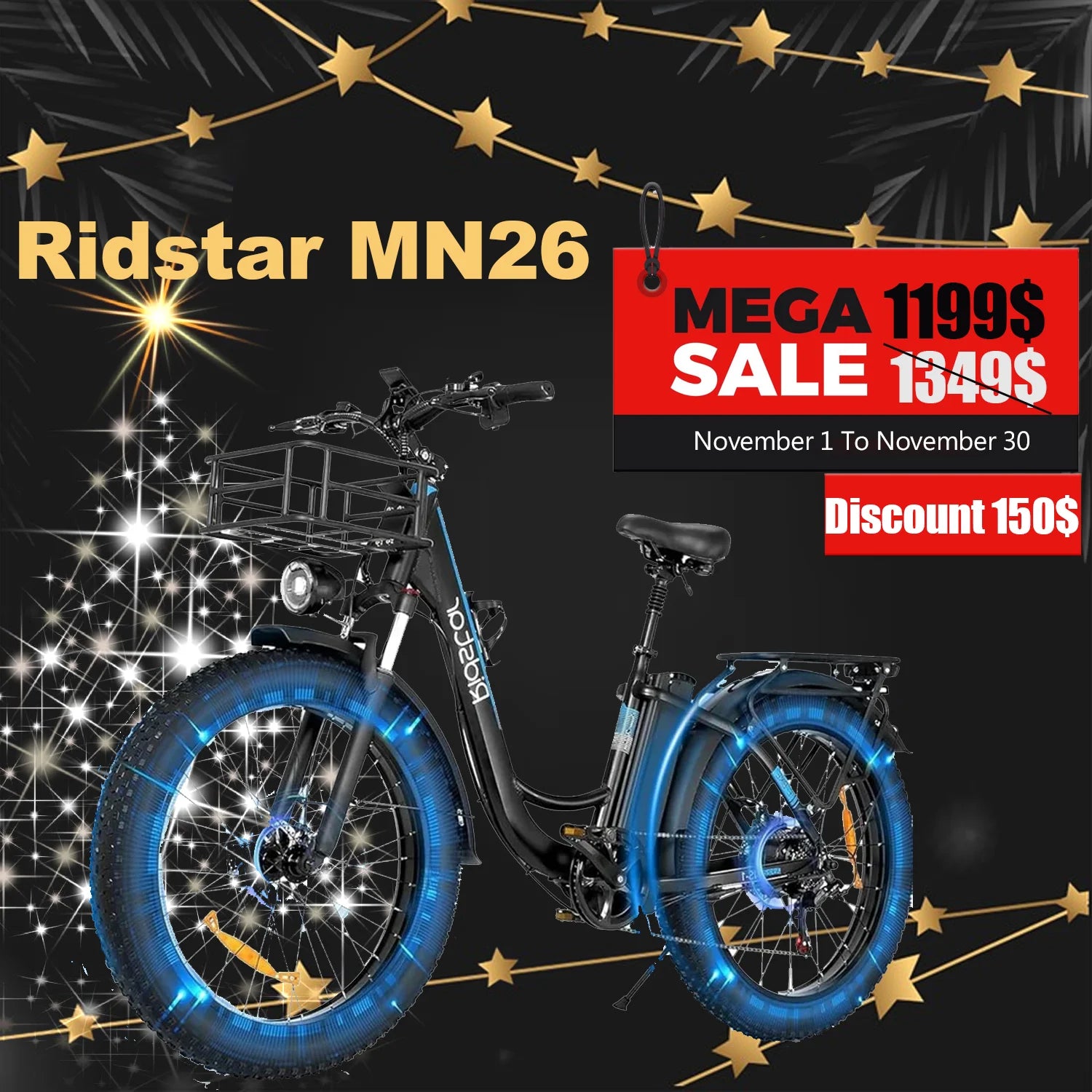 Ridstar MN26 1500W Wide Tire E-Bike 48V 20AH Li-Ion Battery