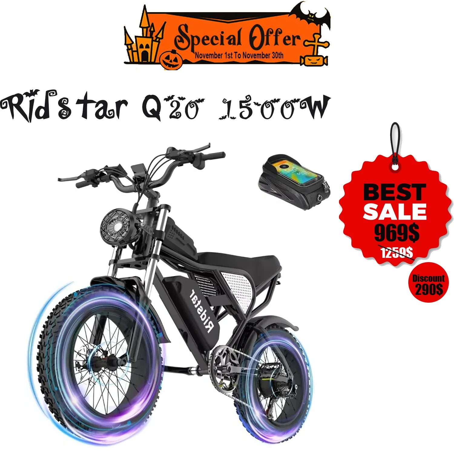 Ridstar Q20 Electric Wide Tire Bike 1500W 48V 20AH Battery