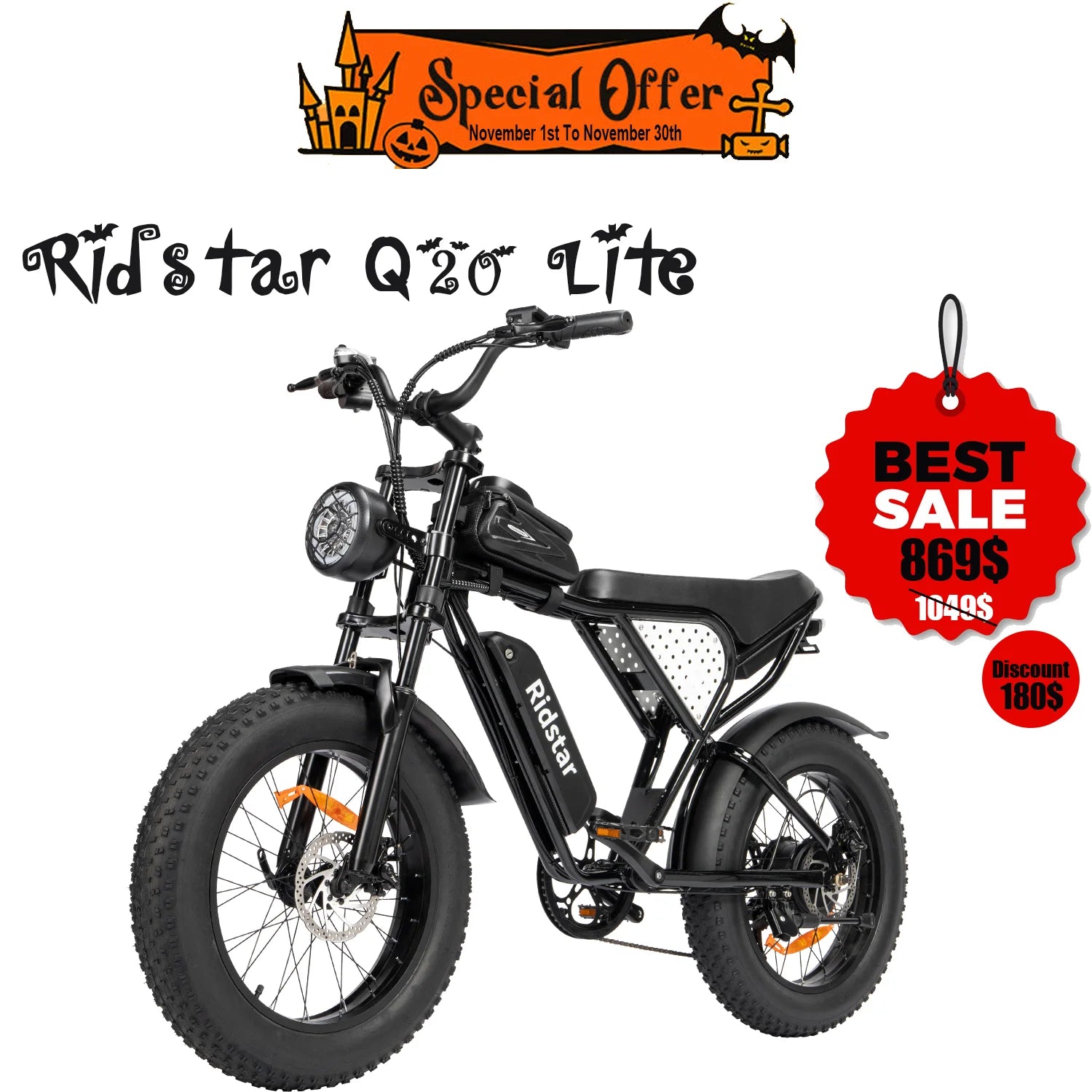 Ridstar Q20 lite 1000W electric fat tire bike battery 48V 15AH